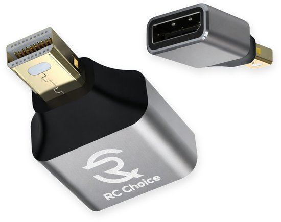 Mini DisplayPort naar DisplayPort adapter. Gouden vergulde stekkers en aluminium behuizing.