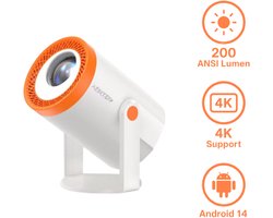 AFINTEK MB02 Pro Mini Beamer – Smart TV Projector met Android 14.0 – WiFi 6 & Bluetooth 5.2 – 200 ANSI Lumen – 4K Support – Wit