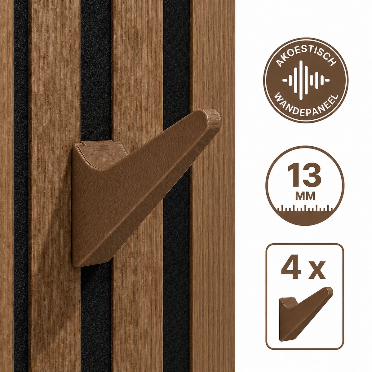 4 Stuks Kapstok Haken voor Akoestisch Wandpaneel - Wandpanelen Ophangen - Zelfklemmende Ophanghaken - Voor Lattenwand Akoestische Panelen - Duurzame Bevestiging - Set Van 4 Stuks - 100% Gerecycled Kunststof - Roasted Chestnut