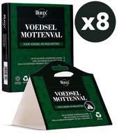 Verpakking met 8 stuks van de lluux voedselmottenval, donkergroen met witte tekst.