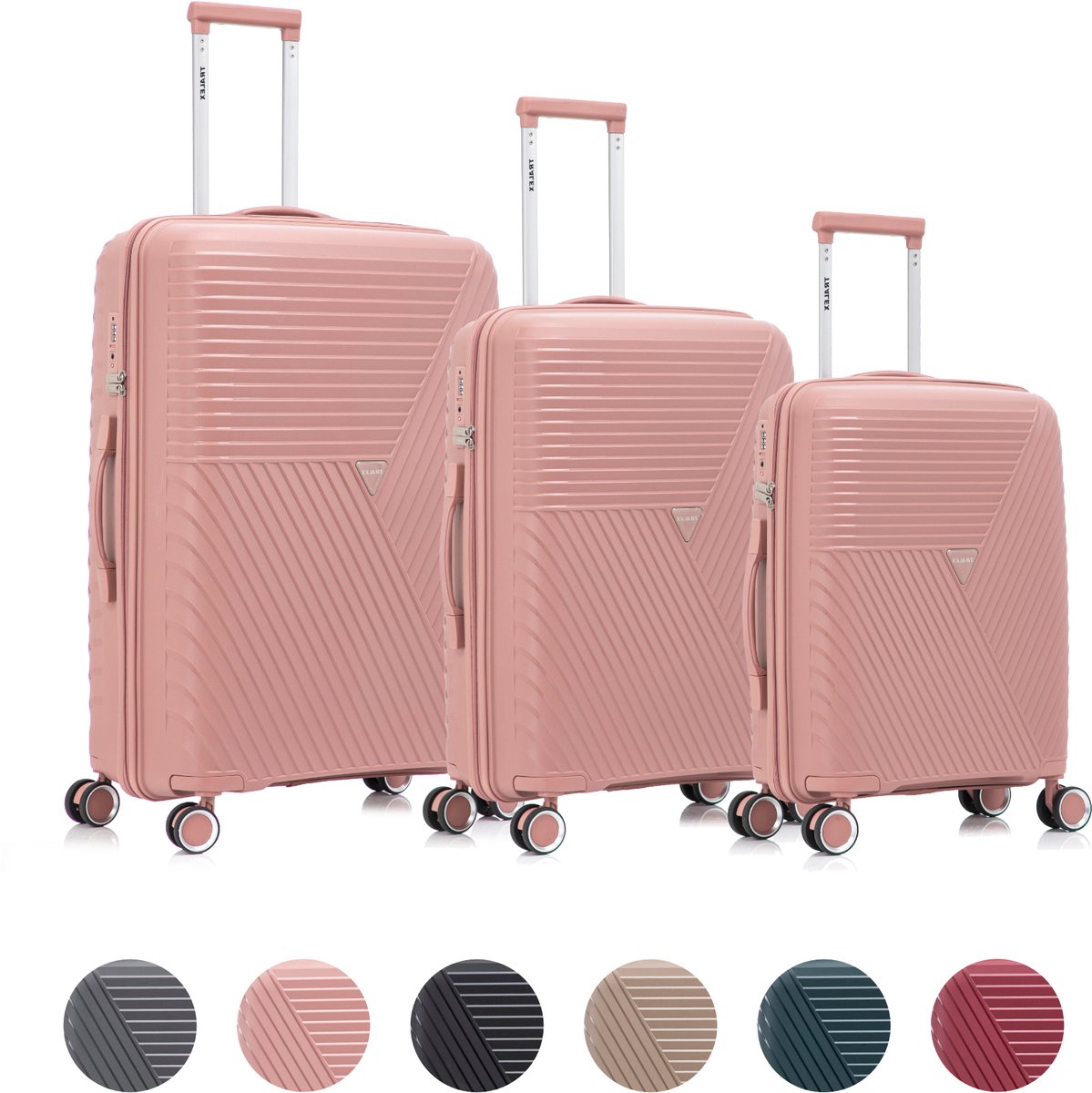 TRALEX - Voyager - 3 Delig kofferset - Handbagage 42L - Medium koffer 67L & Grote koffer 97L - Polypropyleen - Harde schaal - TSA-slot - Lichtgewicht - Flexibel - Duurzaam - Stille (rubberen) wielen - Dubbele spinnerwielen - Dusky Rose