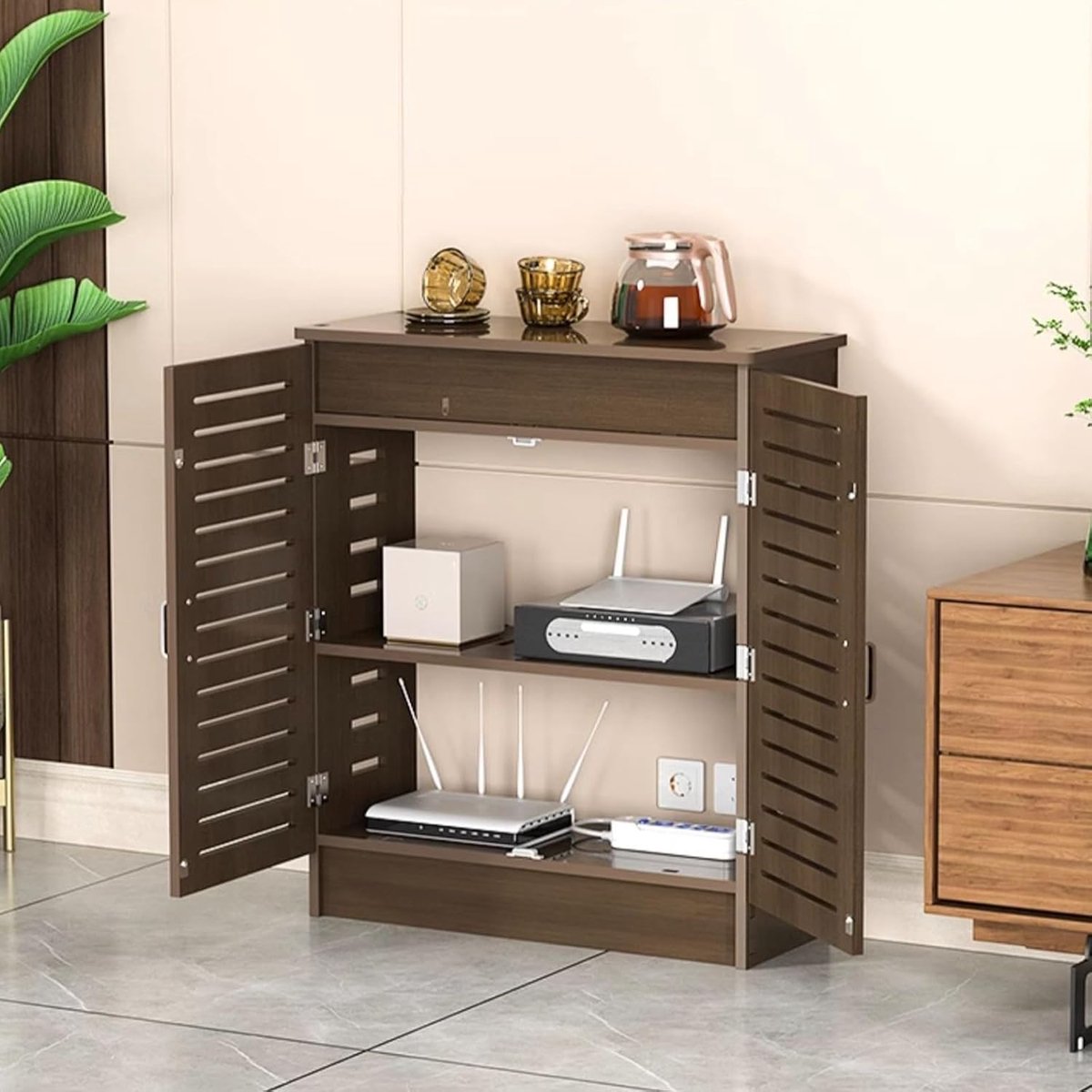 Router Opbergkast - Modem Organizer - Ruimte Organiseren - Dubbellaags Ontwerp - 50x80x30cm - Walnoot