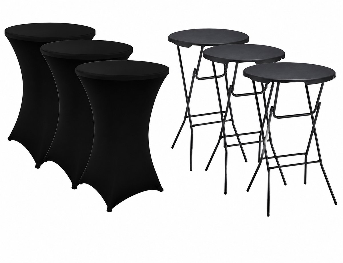Alora 3x zwarte Statafel + zwarte Statafelrok x 3 – 80 cm Dia x 110 cm hoog - Cocktailtafel - Hoge staan tafel - Breed Blad - Inclusief zwarte Statafelhoes - Staantafelrok Stretch - Bartafel rond - Sta tafel Horeca