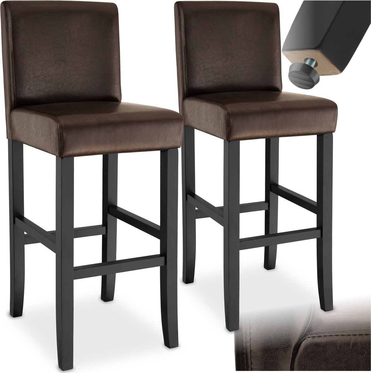 tectake® Set van 2 Barkrukken met Rugleuning - Gestoffeerde Barkruk - Zithoogte 76 cm - Stoelpoten van Massief Hout - Barstoel met Voetsteun - Kruk met Kunstleren Bekleding - Ergonomische Vorm - Barstoelen voor Keuken & Bar - Eetkamerstoelen - Bruin