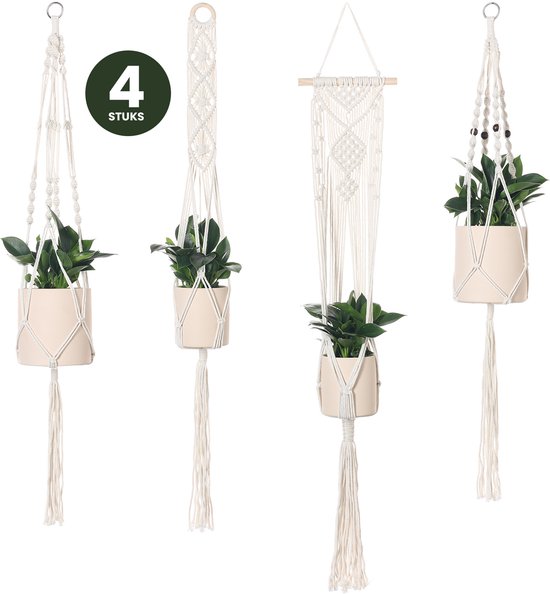 Macrame Plantenhanger Set van 4 - Planten Hanger voor Binnen en Buiten - Hangplant - Hangpot - Hangende Bloempot - Boho Handgeweven Katoen