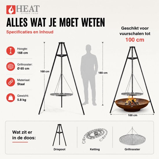 HEAT Outdoor Living Driepoot met Grillrooster (172 cm) - Zwart Staal Stativ - Driepoot Barbecues - Grillrooster 65 cm van Merkloos — afbeelding 3
