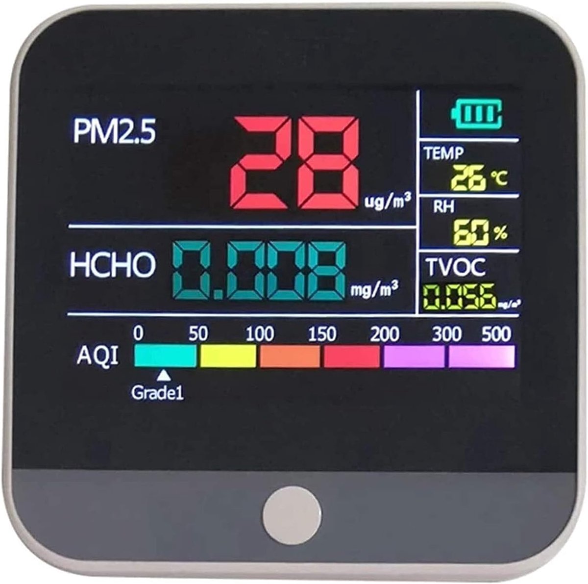 Luchtkwaliteit Monitor - Tester Detector - Binnenlucht Meten - 6 in 1 Functies - 90x90x50mm - Zwart