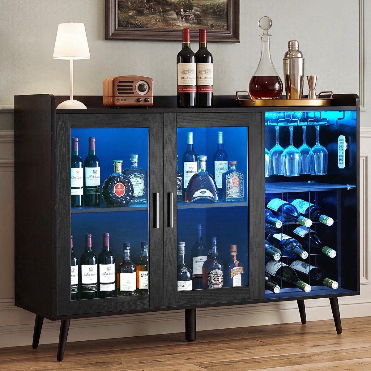 Wijnkast - Barkast met Glashouders - Buffetkast met Flessenrek voor 9 Flessen - Met Dimbare LED Verlichting - Voor Keuken Woonkamer Eetkamer - Zwart