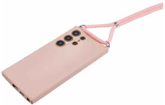 Roze hoesje voor Samsung Galaxy S24 Ultra met camera-uitsparing en een roze koord.