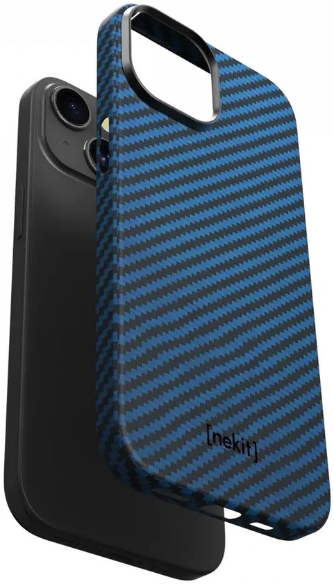 Blauw en zwart koolstofvezel patroon telefoonhoesje, achterkant van iPhone.