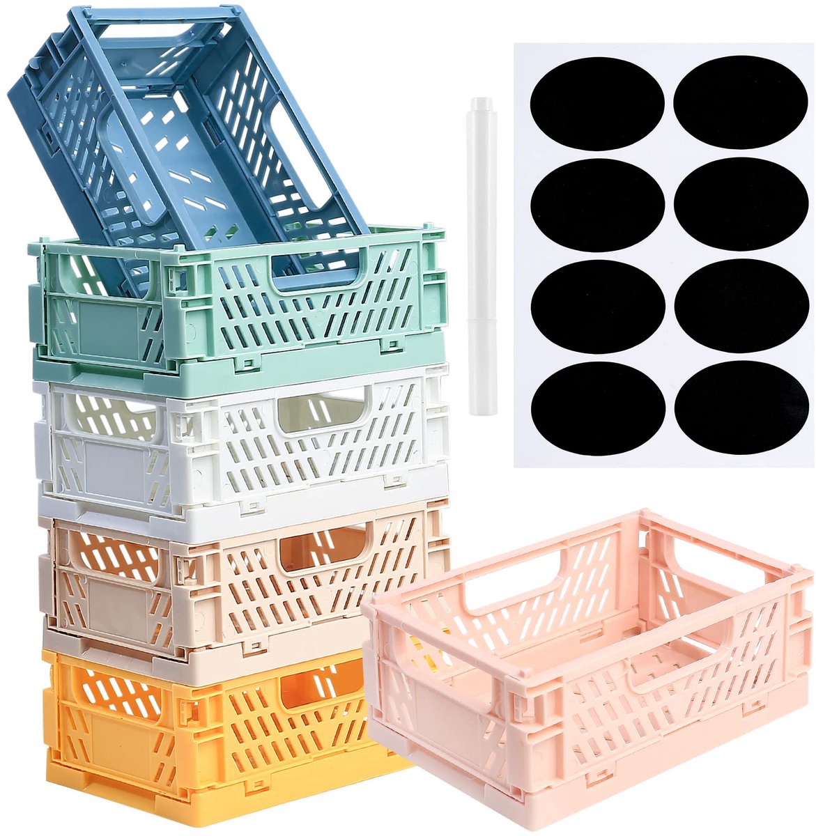 Famanu – Set van 6 opvouwbare mini-opbergdozen, plastic opvouwbare manden, stapelbare opbergmanden voor planken, keuken, slaapkamer, badkamer en kantoor