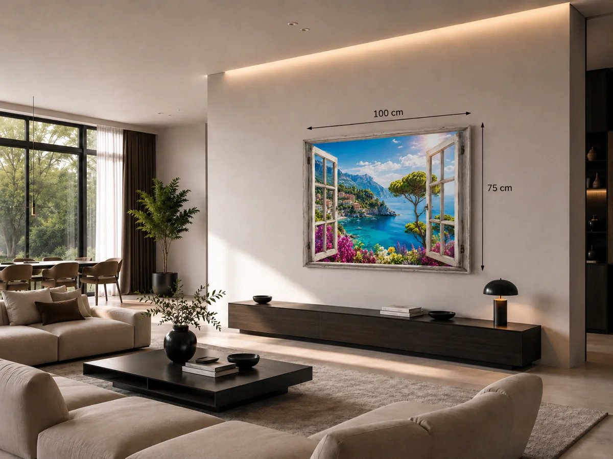 Canvas Schilderij - Raam Uitzicht - Amalfikust - 100 x 75 cm
