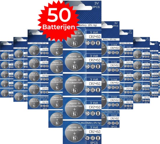 Dozen met 50 stuks Maxenza CR2450 3V lithium knoopcelbatterijen.