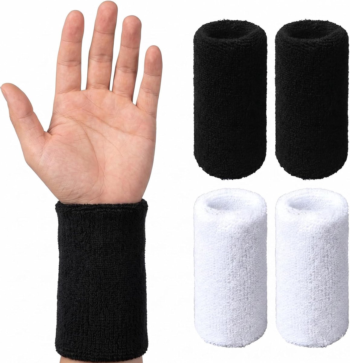 4 x sport-polsbandages, 15 cm lang, zweetabsorberend, voor sportschool, basketbal, heren en dames, wit en zwart - ShopVlot