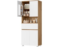 CINK & Co Hoge Badkamerkast 176,5 cm - 4 Deuren en 2 Lades - Verstelbare Planken - Wit en Eikenlook - 70 x 40 x 176,5 cm
