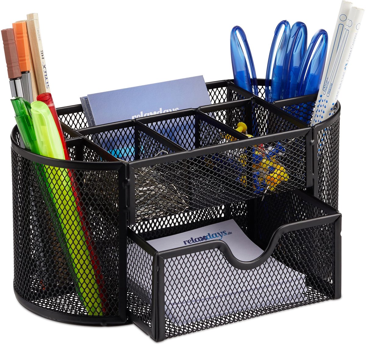 Famanu – Pennenbak met lade van metaal, bureau organizer, afmetingen 10,5 x 22 x 11 cm, zwart, ideaal voor op kantoor
