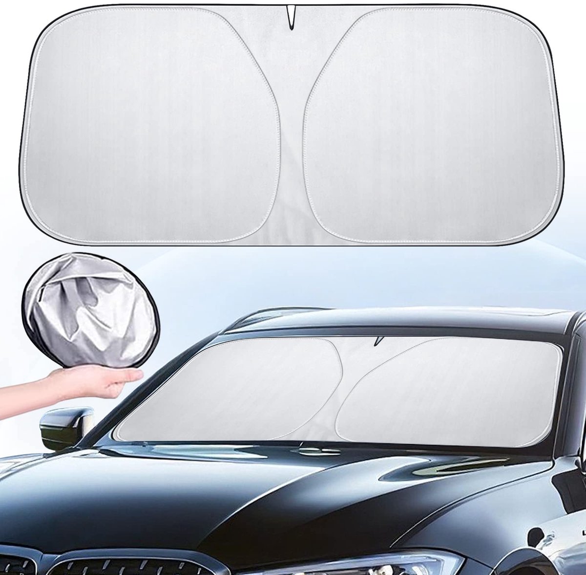 Famanu – Autozonwering voorruit 142 x 80 cm, inklapbaar en draagbaar, ideaal voor bescherming tegen zonlicht in de auto