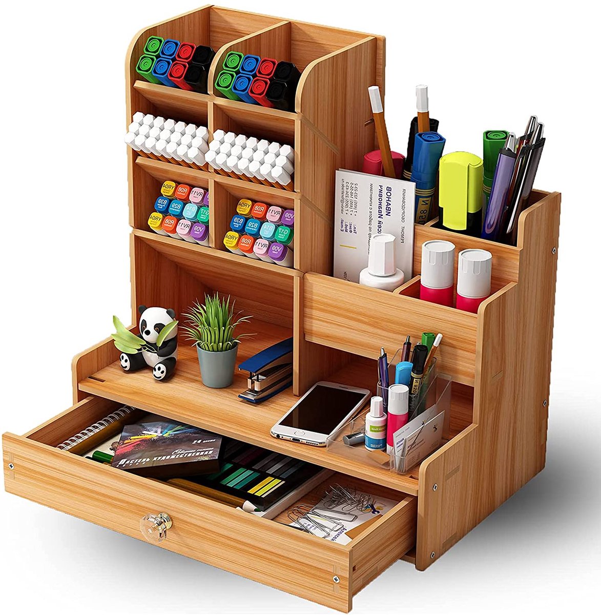 Famanu – Multifunctionele houten potloodhouder, bureau organizer met lade voor thuiskantoor en schoolbenodigdheden