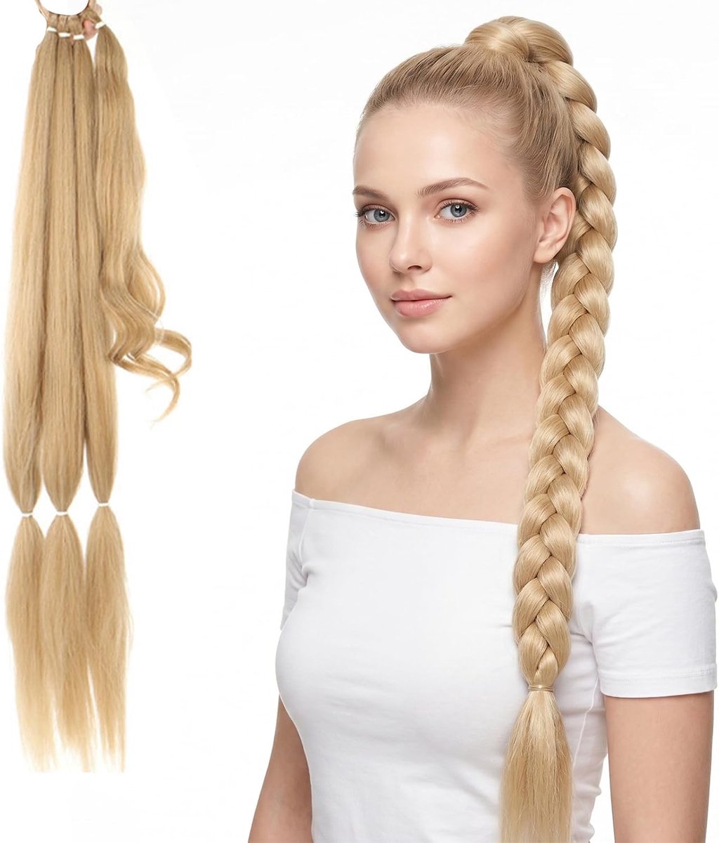 Gevlochten haarstukje, blond, 75 cm, vlechten, extensions, paardenstaart met haarelastiek, lange haarverlenging - ShopVlot