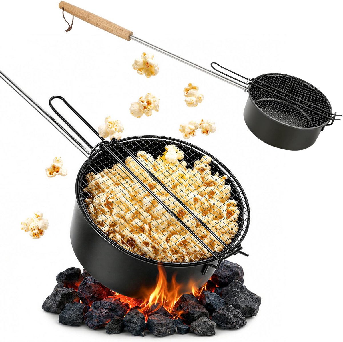 Popcornmaker kampvuur, popcornpot kampvuur met afneembare lange handgreep, popcornmaker, antiaanbaklaag en netdeksel - ShopVlot