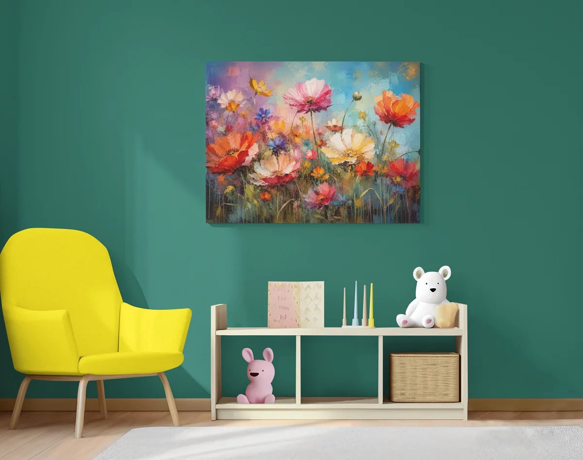 Canvas Schilderij Bloemenweide - Kleurrijke Wanddecoratie - 100 x 75 cm