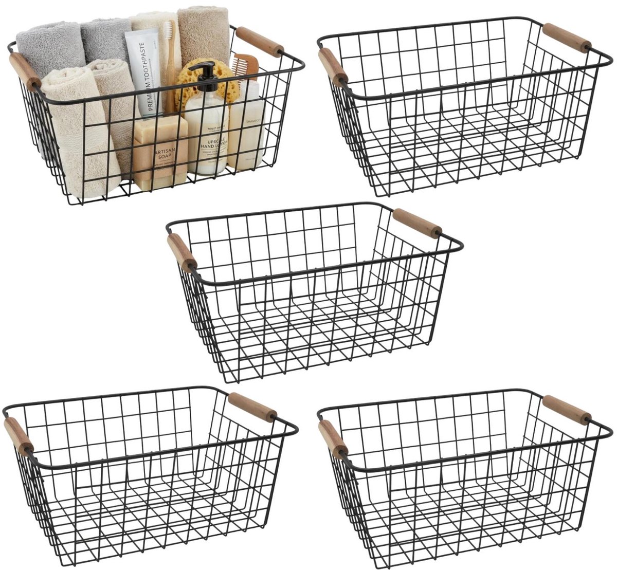 Gerimport Industriele draadmand / opbergmand - 5x - zwart - metaal - 32 x 25 x 14 cm - Keuken - kast - sokken -kleding - mandjes - 11 liter