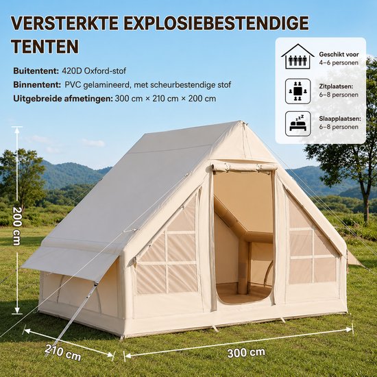 Bruinsma INEX Opblaas Tenten - Kampeertent - Opblaasbare Tent - 420D Oxford - Met Luchtpomp - 2-4 Personen - 300Lx210Bx200H CM - Beige — afbeelding 5