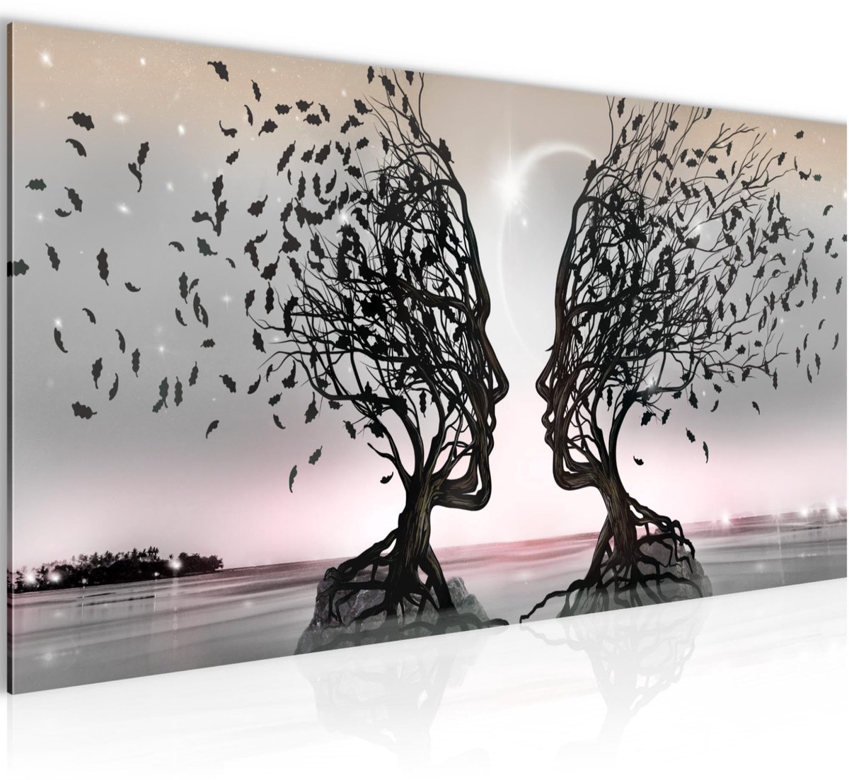 Famanu – Schilderij voor liefhebbers, modern abstract ontwerp met een boom in grijs en roze, gemaakt van fleece en niet-geweven canvas, perfect voor de huiskamer