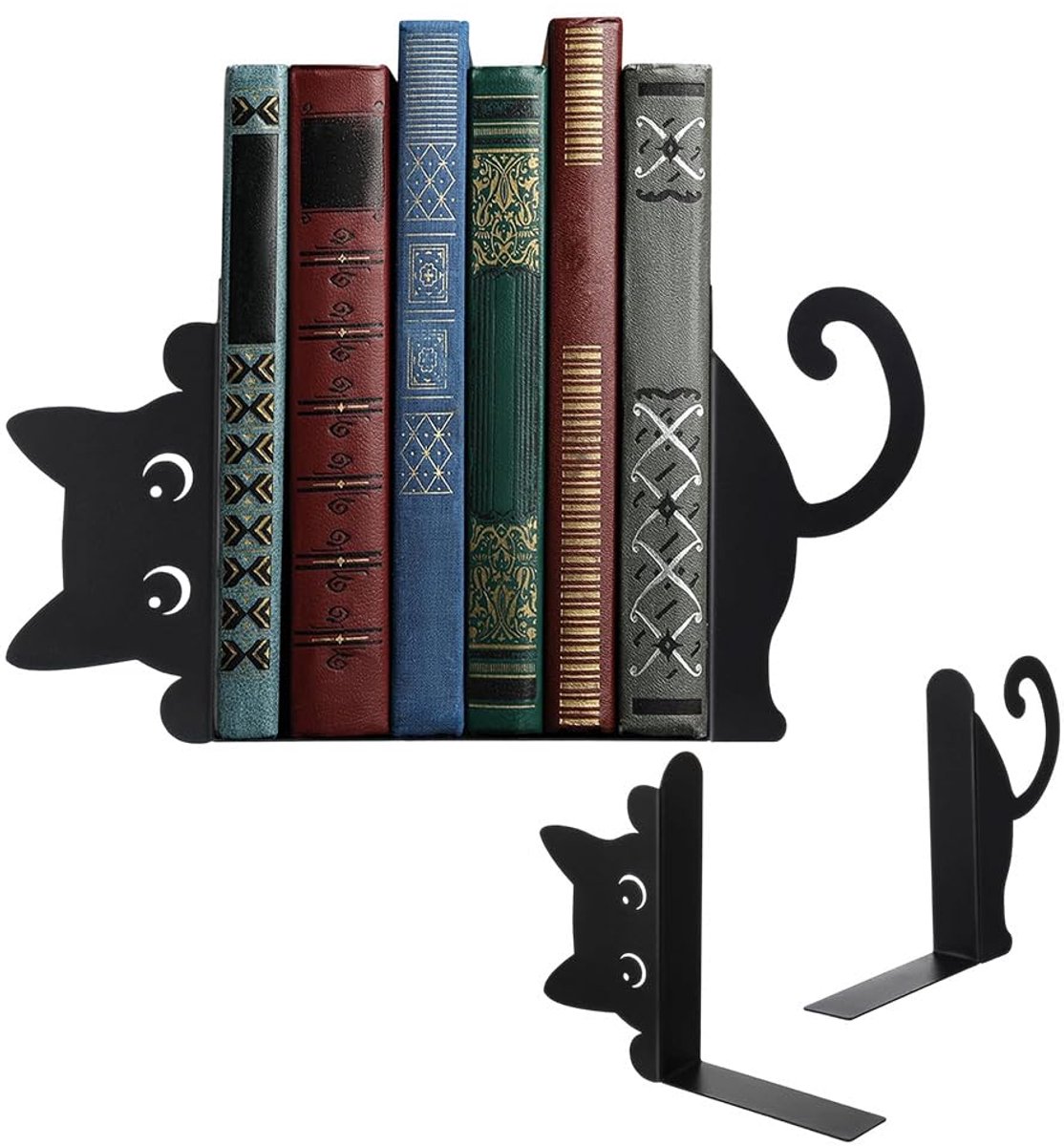 Famanu Decoratieve boekensteun met spiedende kat, 2-pack zwart, ideaal voor thuis en op kantoor