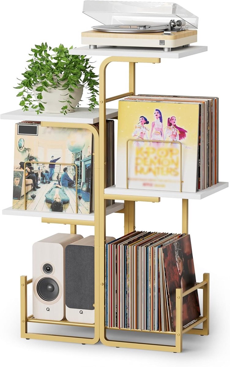 Platenspeler Meubel - Witgoud - 60 x 30 cm - Met Grote Vinyl Opslag - Voor Woonkamers