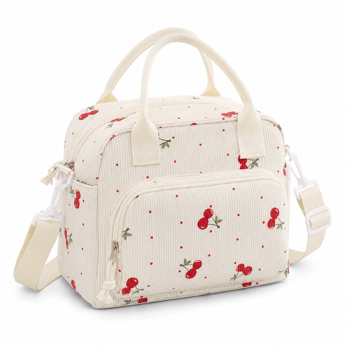 Rainbecom Koeltas Dames 9,5L - Geïsoleerde Lunchtas en Lunch Bag van Corduroy - Thermotas met Schouderband en Opbergvakken - Koeltassen Voor Werk, School en Picknick - Crème Kersen