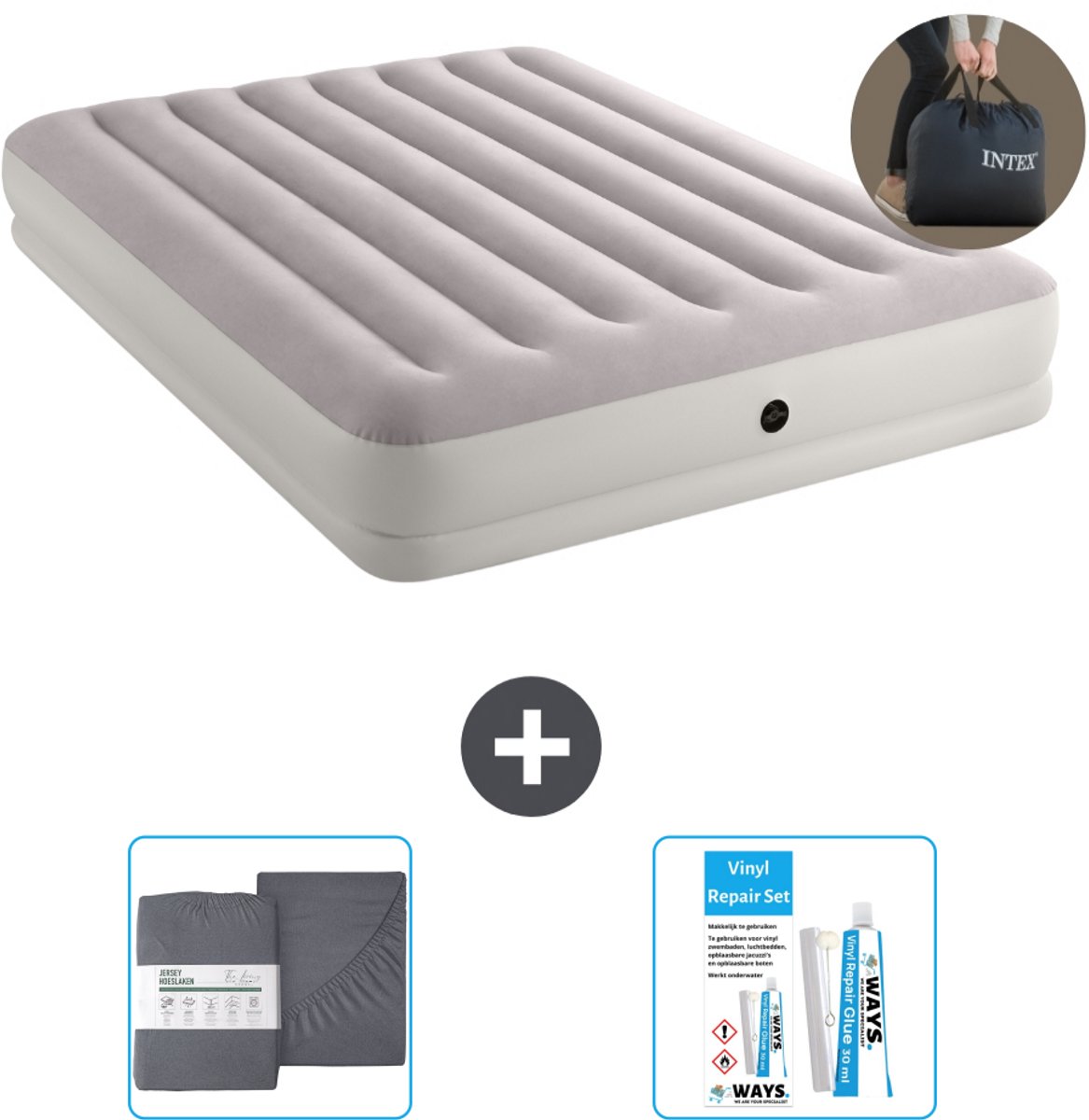 Intex Luchtbed - 2-Persoons - 152 x 203 x 30 cm - Grijs - Inclusief pomp - Accessoires CB20