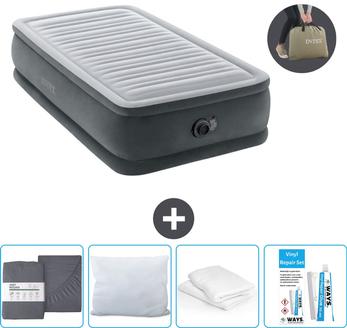 Intex Luchtbed - 1-Persoons - 99 x 191 x 46 cm - Grijs - Inclusief pomp - Accessoires CB19