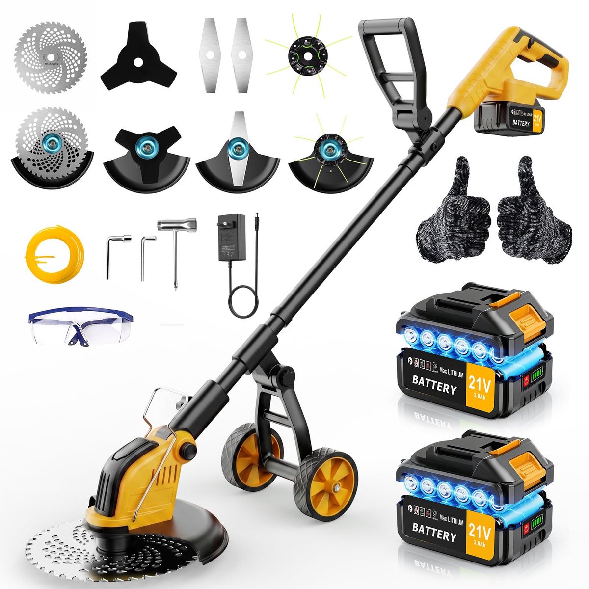 Accu-grastrimmer met wielen, 4-in-1,30 cm, elektrische grastrimmer met 2 x 3000 mAh accu en oplader, 800 W borstelloze - ShopVlot