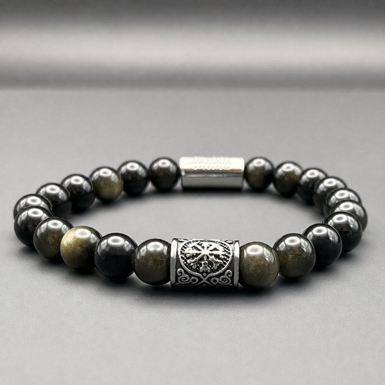 Heren armband met zwarte en gouden obsidiaan kralen en zilverkleurige details.