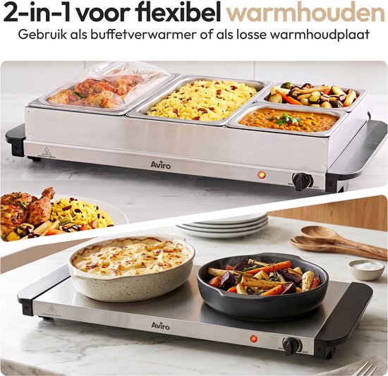 Aviro Buffetwarmer - Chafing Dish - Elektrisch - 2 x 2,5 Liter & 2 x 1,2 Liter - Incl. Deksel - 300W - RVS — afbeelding 4
