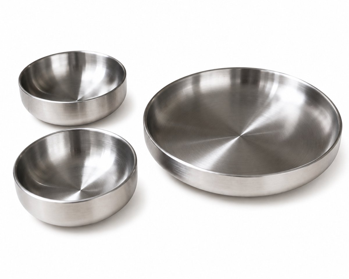 My Green Deal - RVS Serviesset 3-delig - Dubbelwandige Kommen & Diep Bord - 304 RVS - 10,7 cm, 15 cm & 21 cm - Zilver