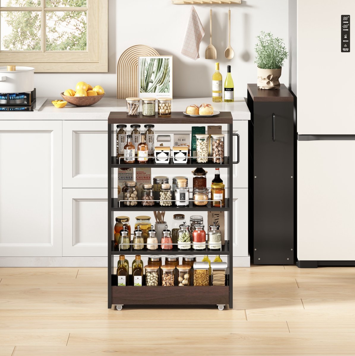 Wishdor Smalle kast op wielen - Keukenwagen met 4 verstelbare planken en 4 wielen - Zwart bruin mdf - Voor keuken en badkamer - 55 x 20 x 85 cm