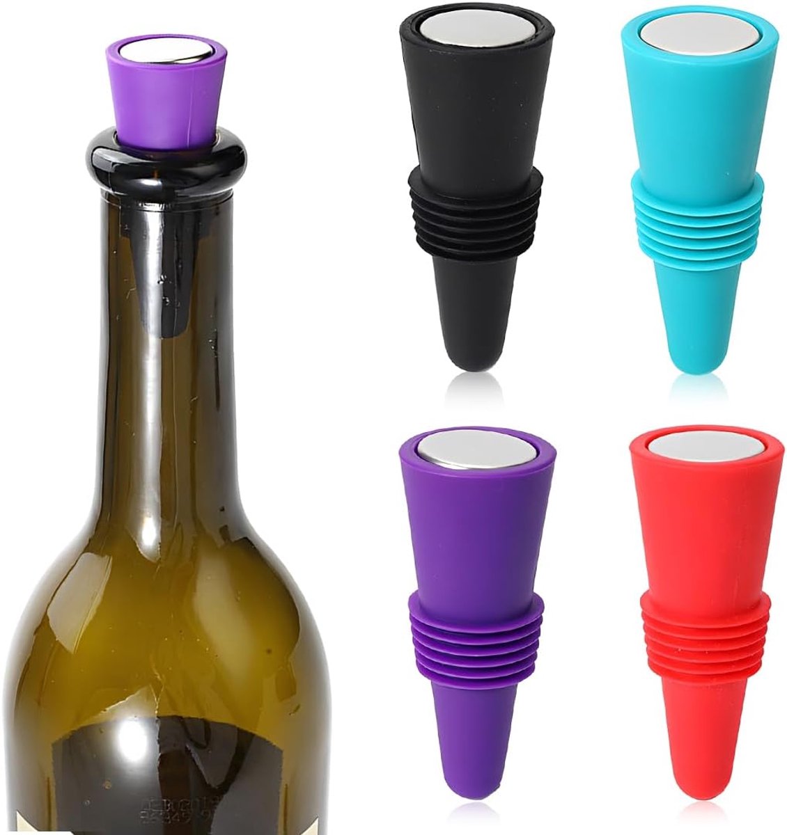 Een Set van 4 Wijnstoppers,Siliconen Stoppers,Herbruikbare Champagnestoppers,Bierstoppers en Kurken — Een Cadeau voor - ShopVlot