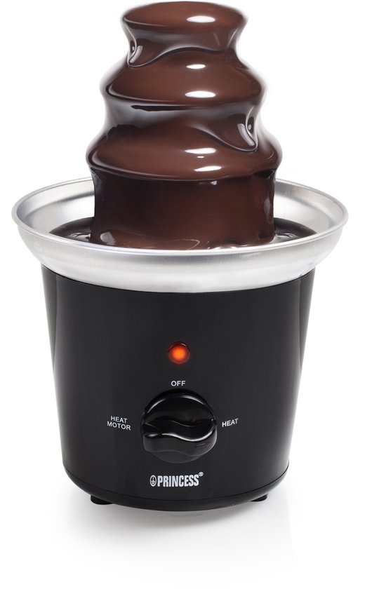 Zwarte Princess chocoladefontein met 3 lagen, fontein met gesmolten chocolade. Zilverkleurige schaal.
