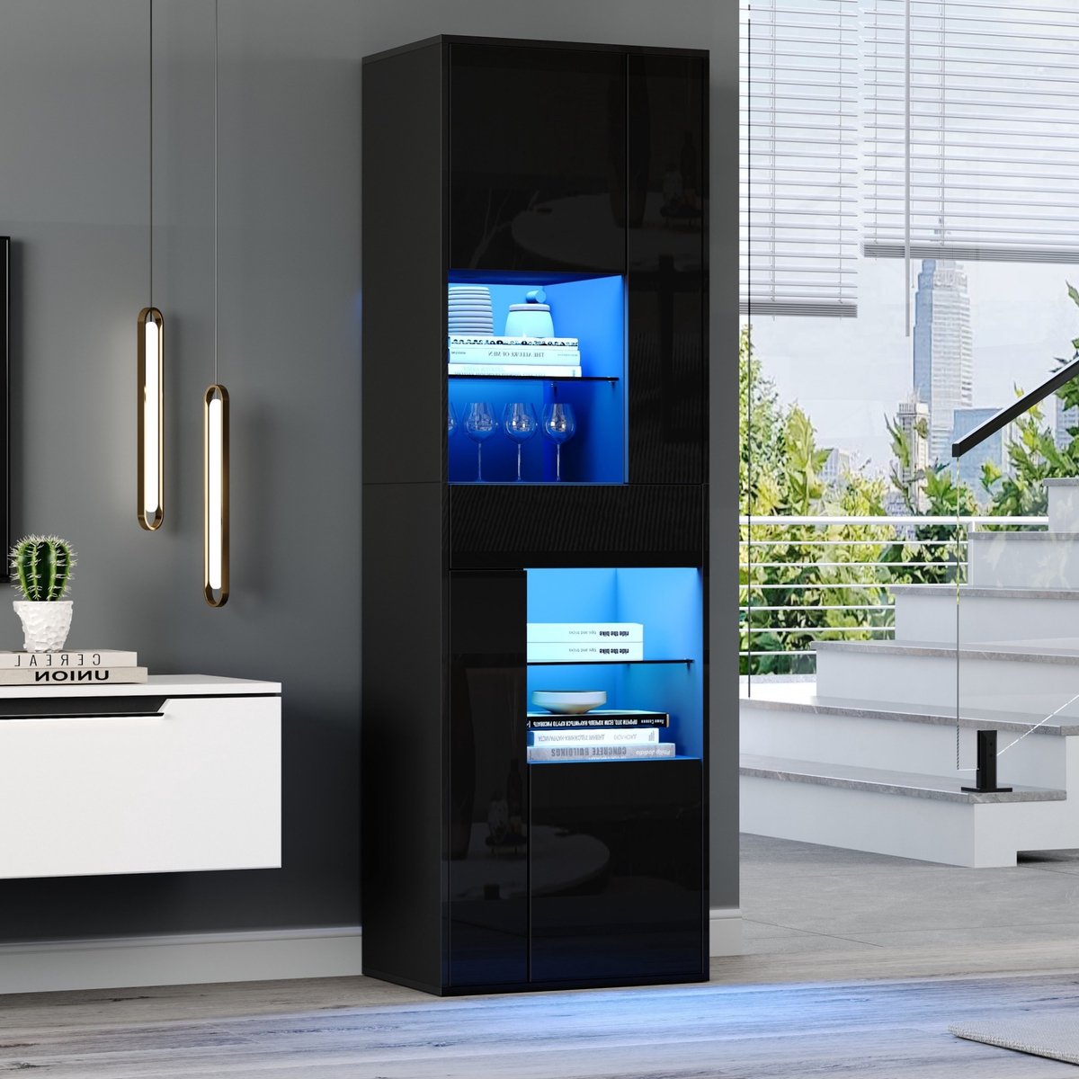 HAUSS SPOLE Vitrinekast Zwart Met LED Verlichting En 1 Lade 4 Kasten Voor Woonkamer En Interieur Van Spaanplaat 55 X 38 X 170 Cm