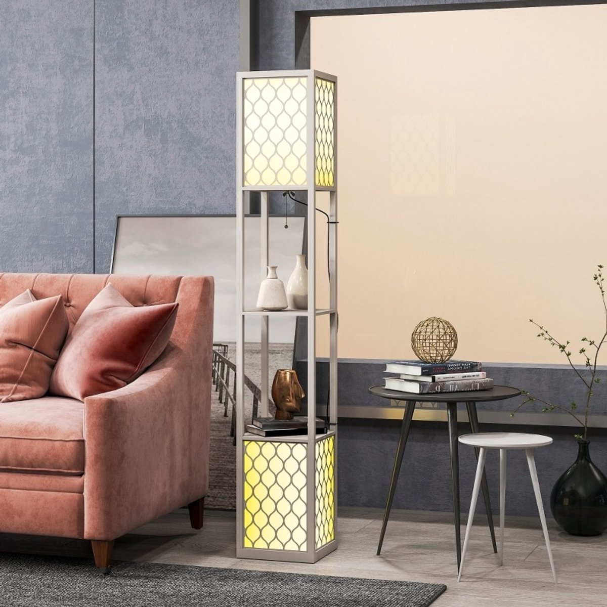 Staande Lamp Met 2 Planken Modern Design 26 X 26 X 156 Cm MDF Kunststof Lichtgrijs Voor Woonkamer En Opbergruimte