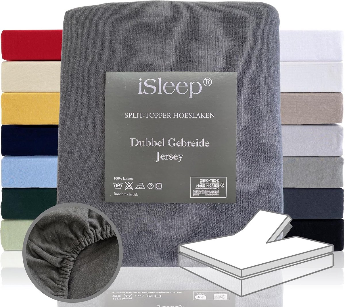 iSleep Split Topper Fitted Sheet Double Jersey Combed Yarn 100% Cotton (anthracite, 160x200/210 cm) - ShopVlot