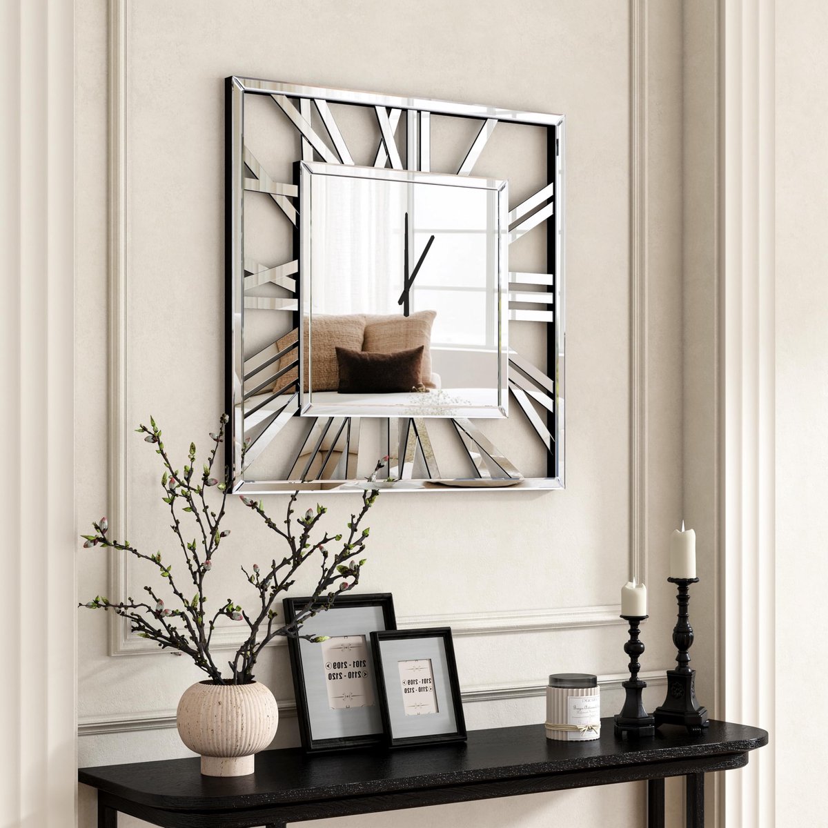 SHYFOY Vierkante Wandklok 80 cm, Zilver, Spiegel- en Kristaldesign - ShopVlot