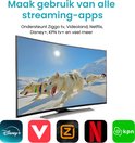 Moderne tv met hondenslee-scène en streaming-app-logo's: Disney+, Videoland, Ziggo, Netflix, KPN.