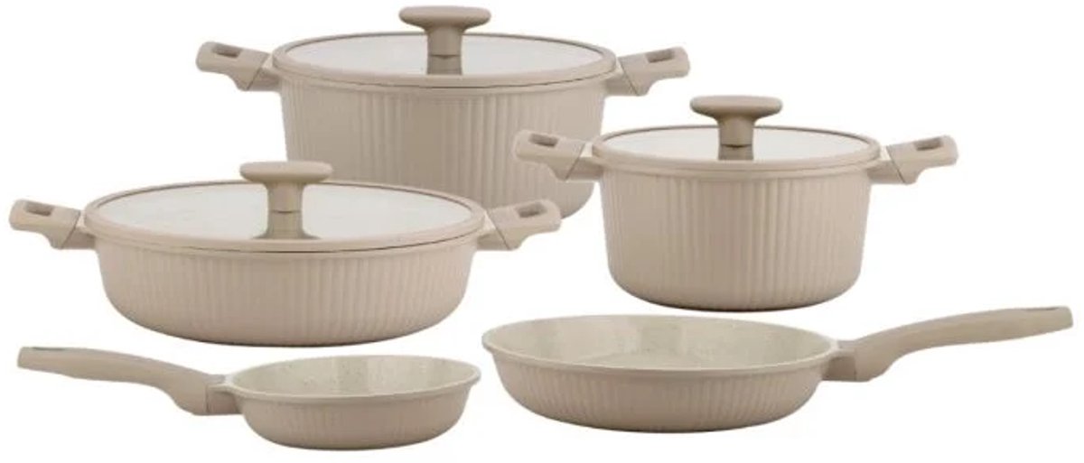 Ferveo Luna Pannenset - 8-delig - Glazen Deksels - Taupe - Inductie - Japandi