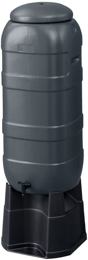 Grijze Harcostar BeGreen mini regenton van 100 liter, inclusief kraan en zwarte voet.