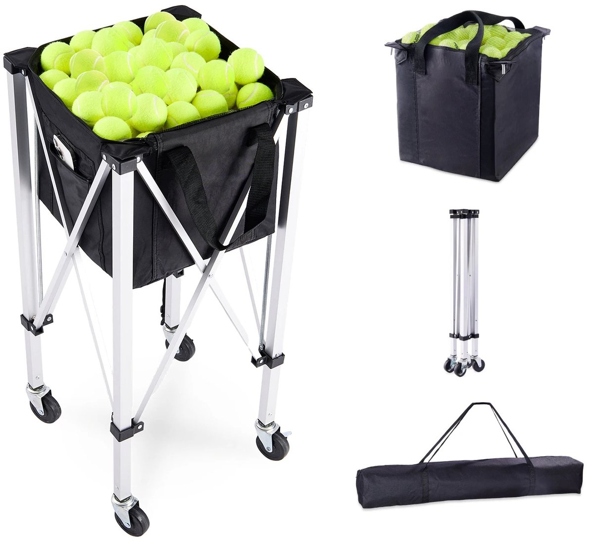 VILIMA - Tennis ballenwagen - Tennisballen mand - Ballen opslag - Capaciteit 150 tennisballen - Stabiele constructie - Opvouwbaar - Met wieltjes - Zwart - 97x19 x16 cm