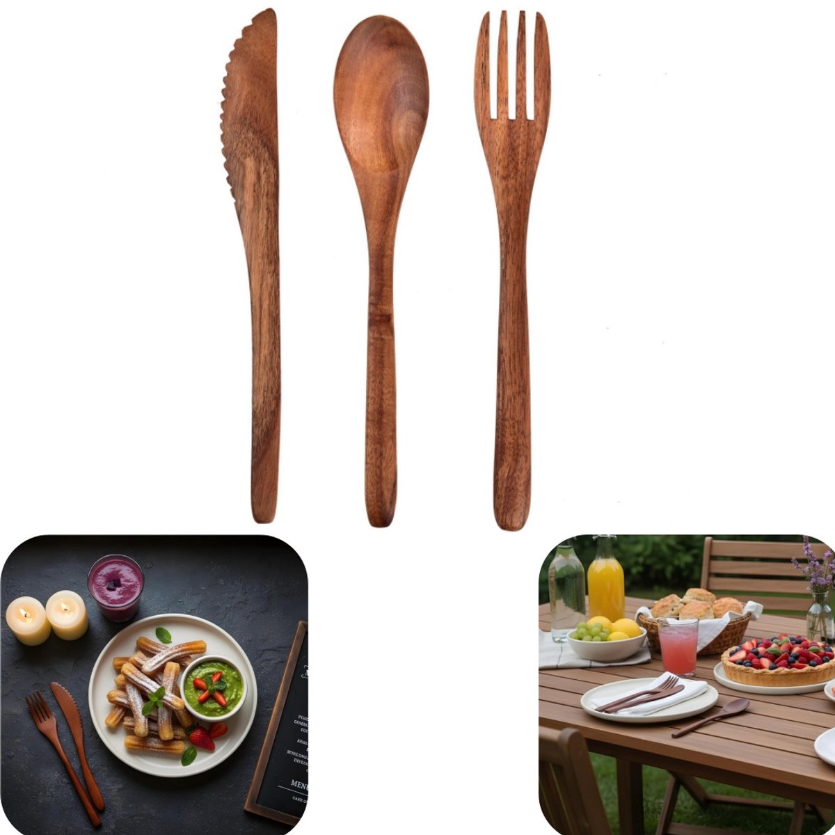 3 delig bestekset - vork - lepel - tafelmes - houten bestek - gemakkelijk schoon te maken - hittebestendig - zonder braampjes - huisaccessoires - geschikt voor keuken, kamperen, picknick (bruin, meerdere maten)