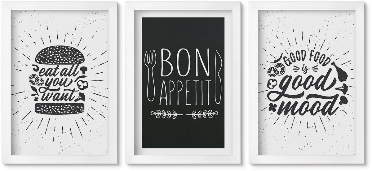 Wallfluent 3-Delige Schilderij Set - Voedselafbeeldingen En Culinaire Slogans - 20 x 30 - Decoratieve Schilderijen - Wanddecoratie - Hal - Woonkamer Decoratie